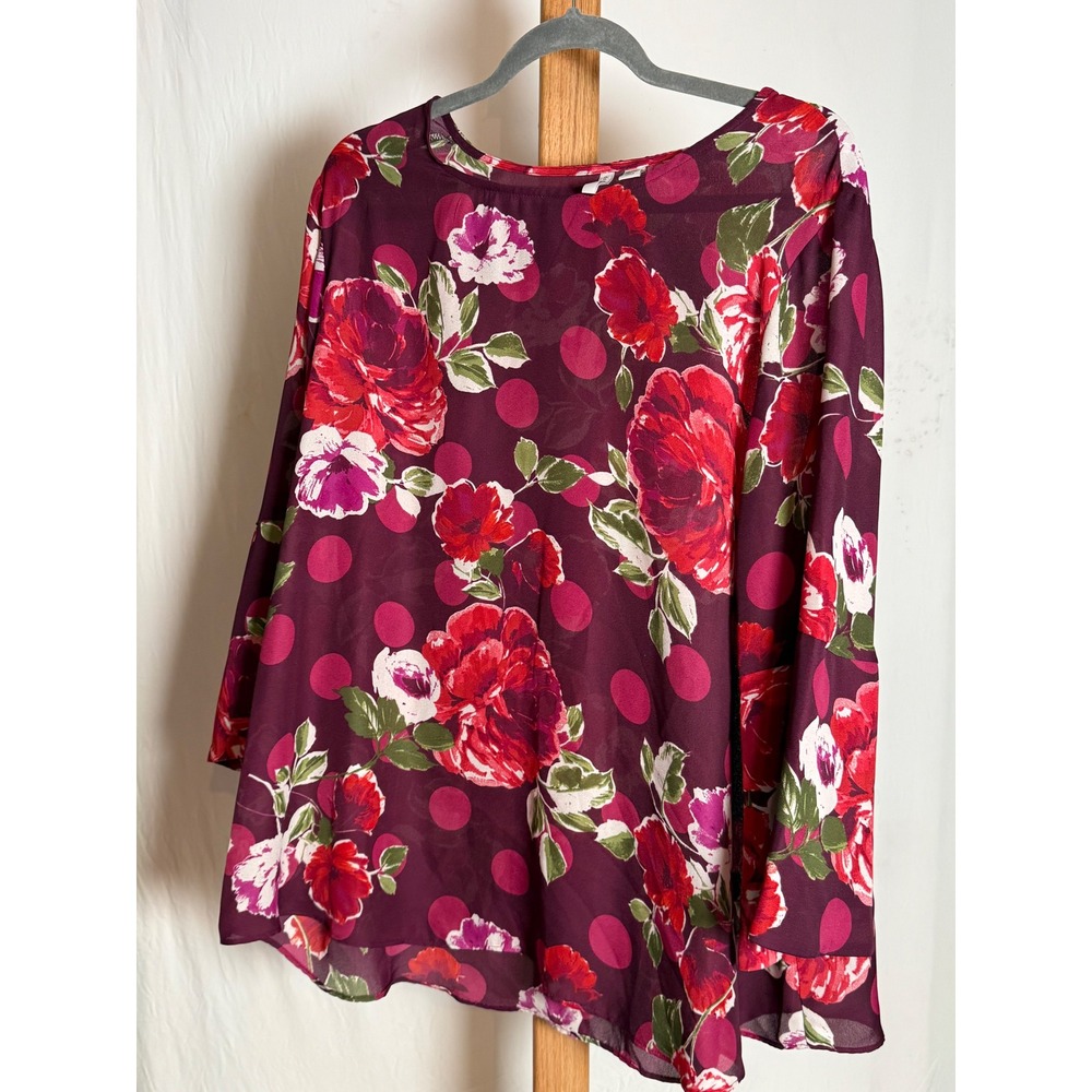 Est. 1946 Burgundy Floral Polka Dot Chiffon Blouse Bell Sleeve Plus Size 18/20W